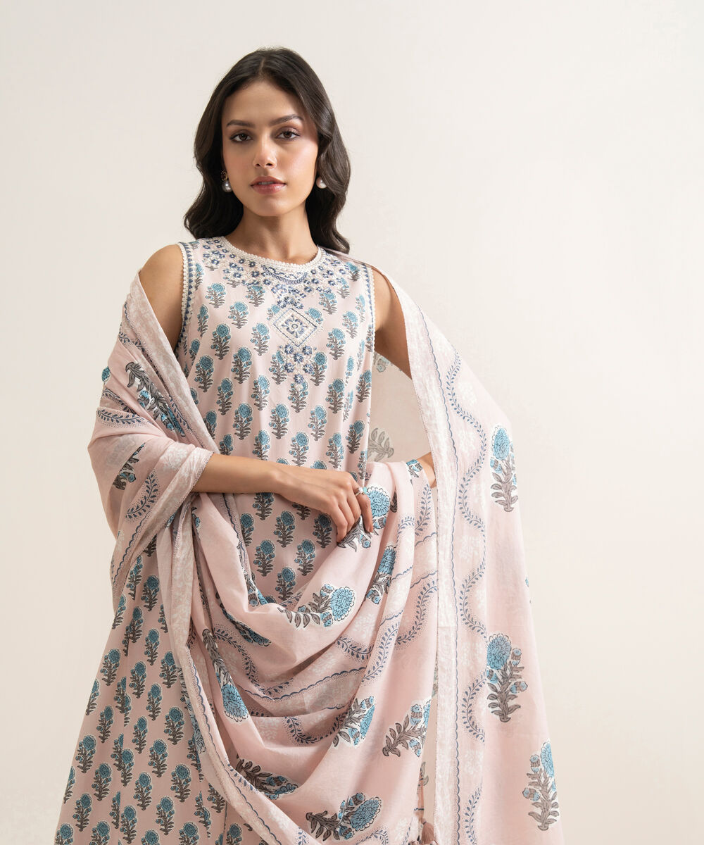 Women's Unstitched Lawn Embroidered Light Pink 3 Piece Suit