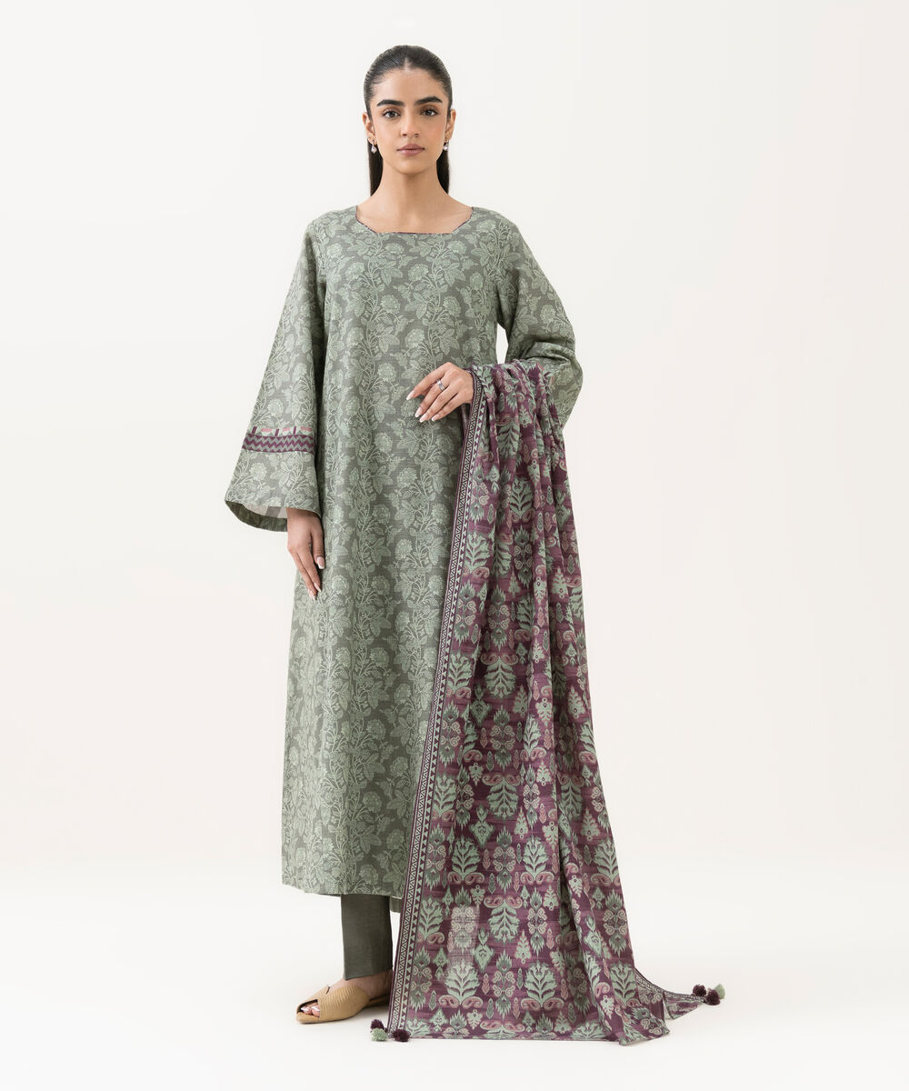 Women's Unstitched Light Khaddar Printed Grey 3 Piece Suit