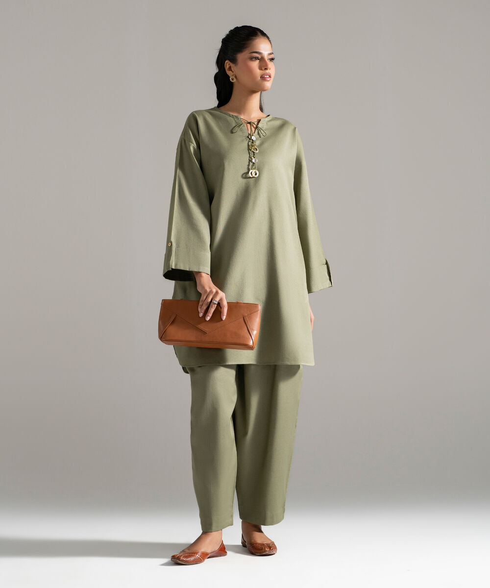 Women's RTW Cotton Linen Solid Green 2 Piece Suit