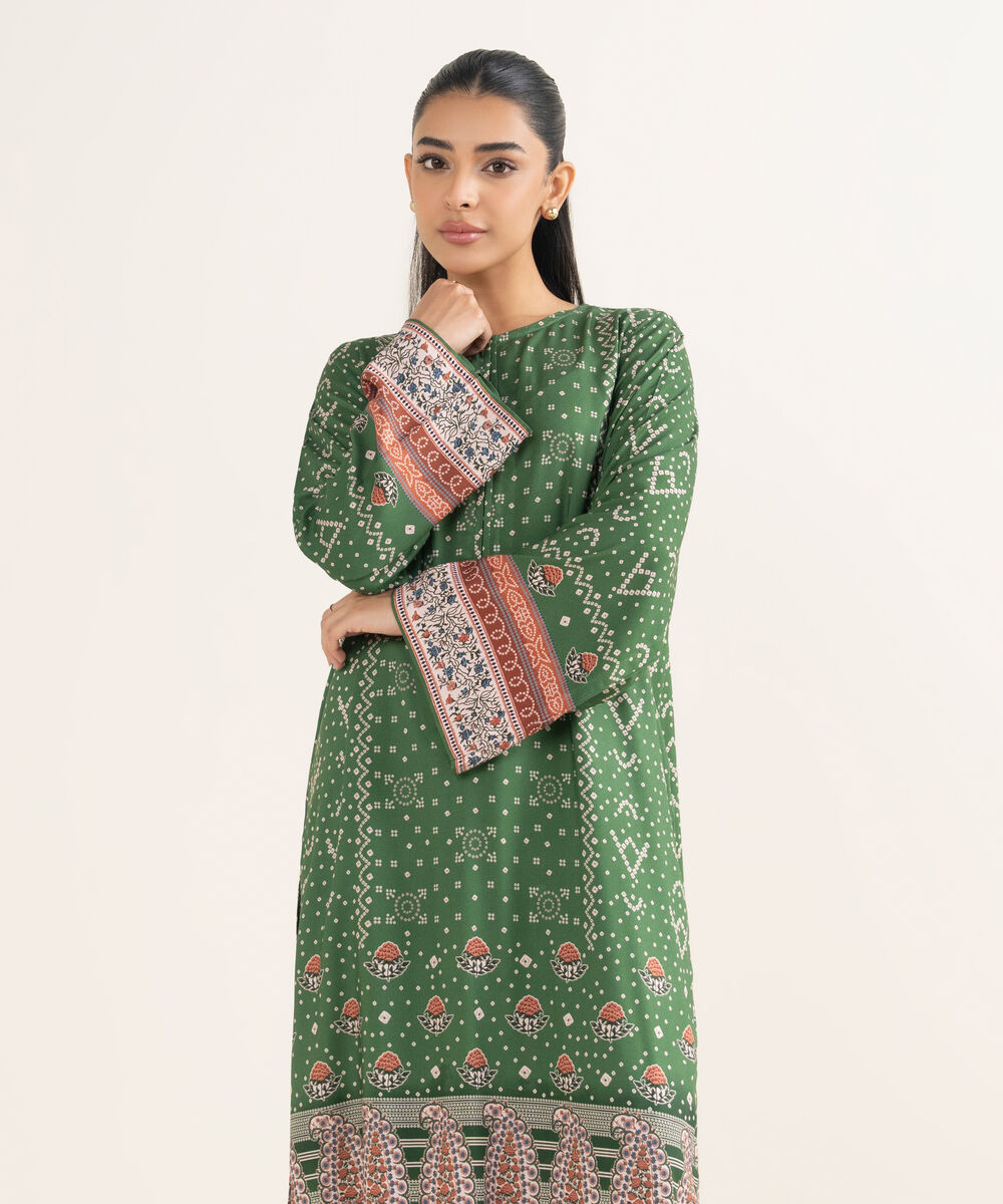 Women's RTW Linen Printed Green A-Line Shirt