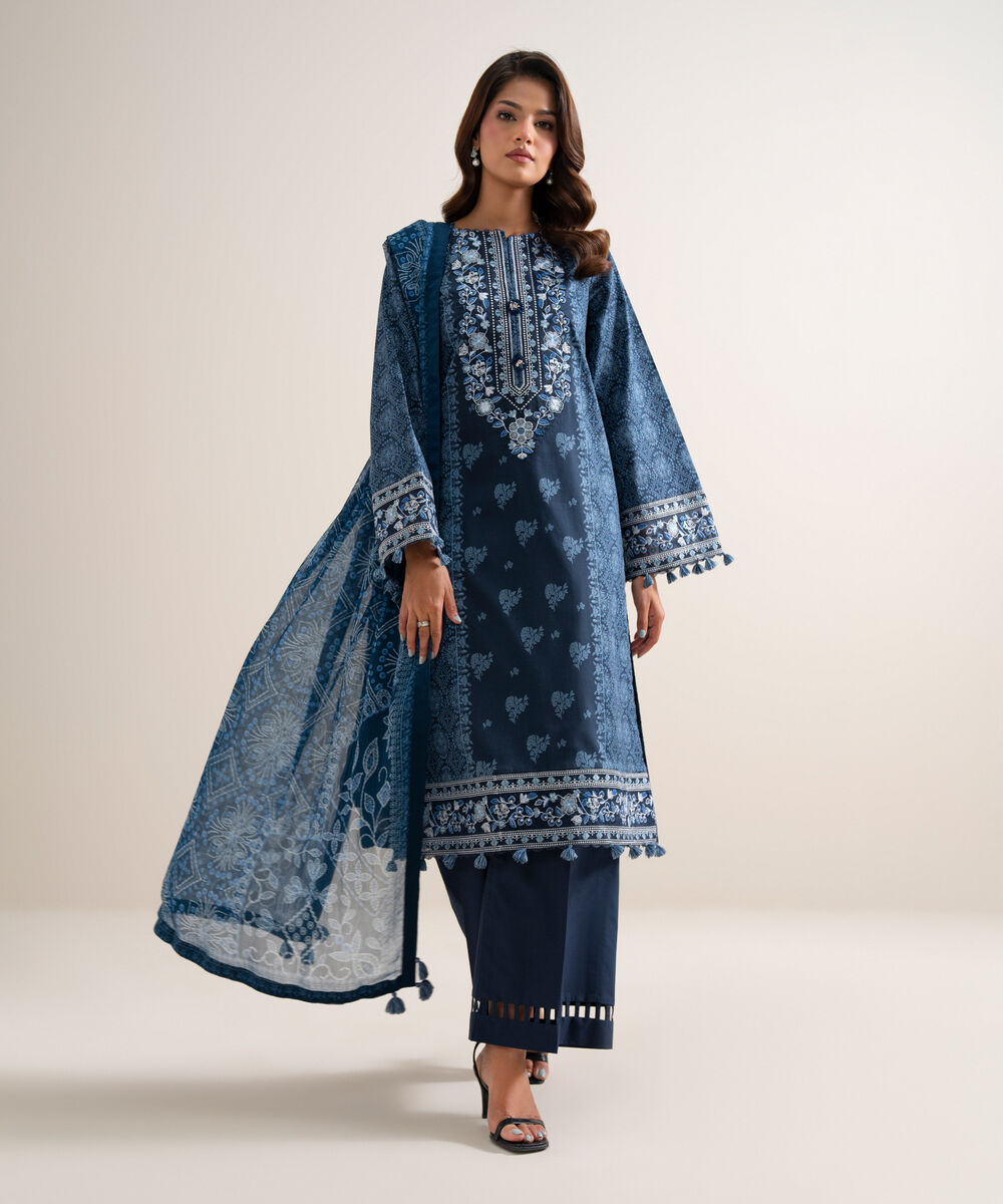 Women's Unstitched Lawn Embroidered Blue 3 Piece Suit