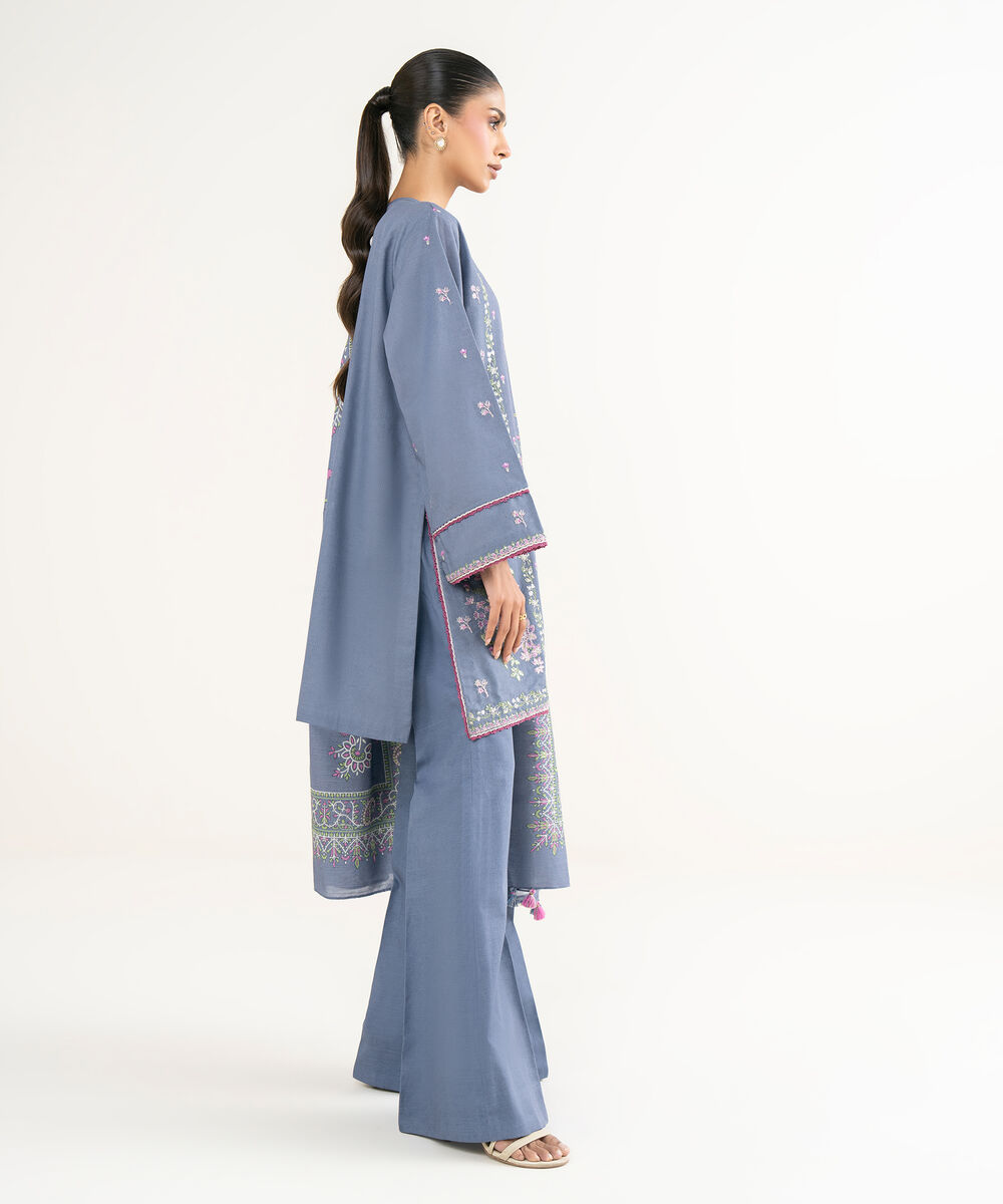 Women's Unstitched Lawn Embroidered Blue 3 Piece Suit