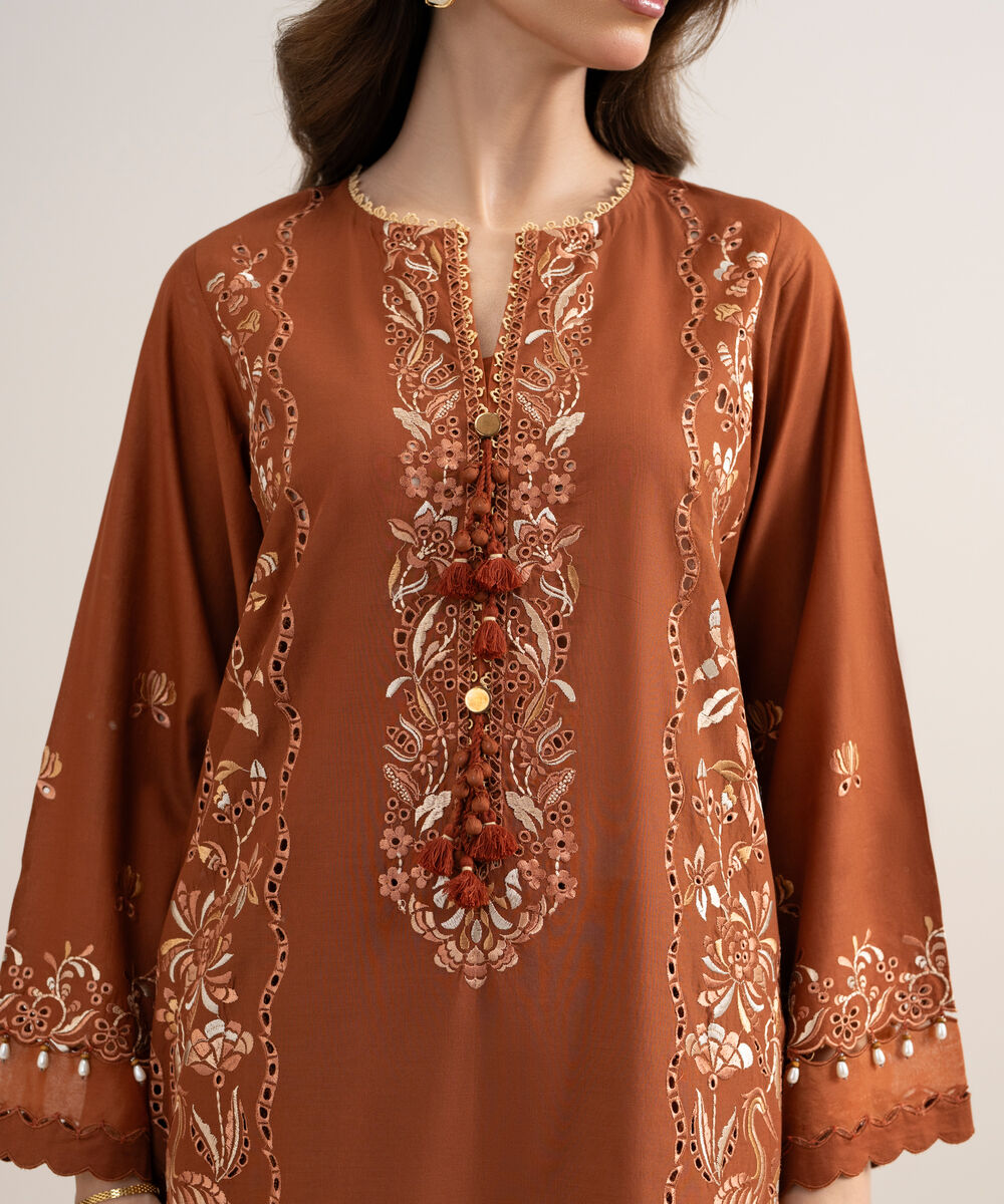 Women's Unstitched Dobby Embroidered Orange 3 Piece Suit