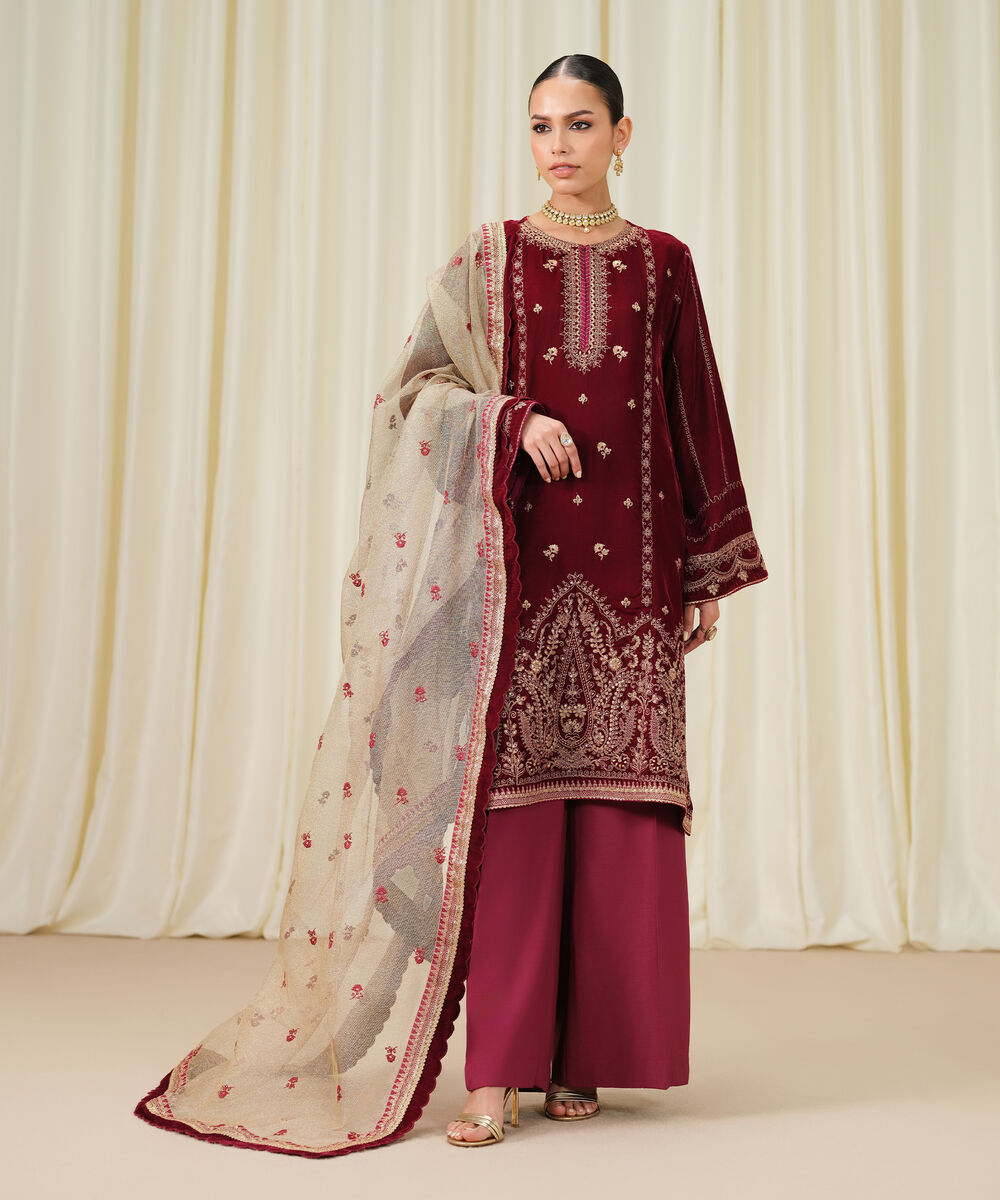 Women's Unstitched Embroidered Velvet Red 3 Piece Suit