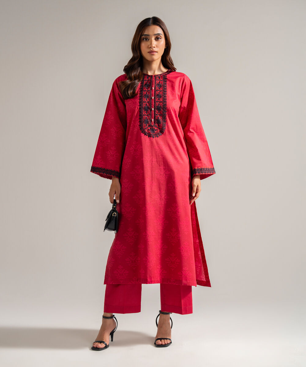 Women's RTW Cambric Embroidered Red 2 Piece Suit