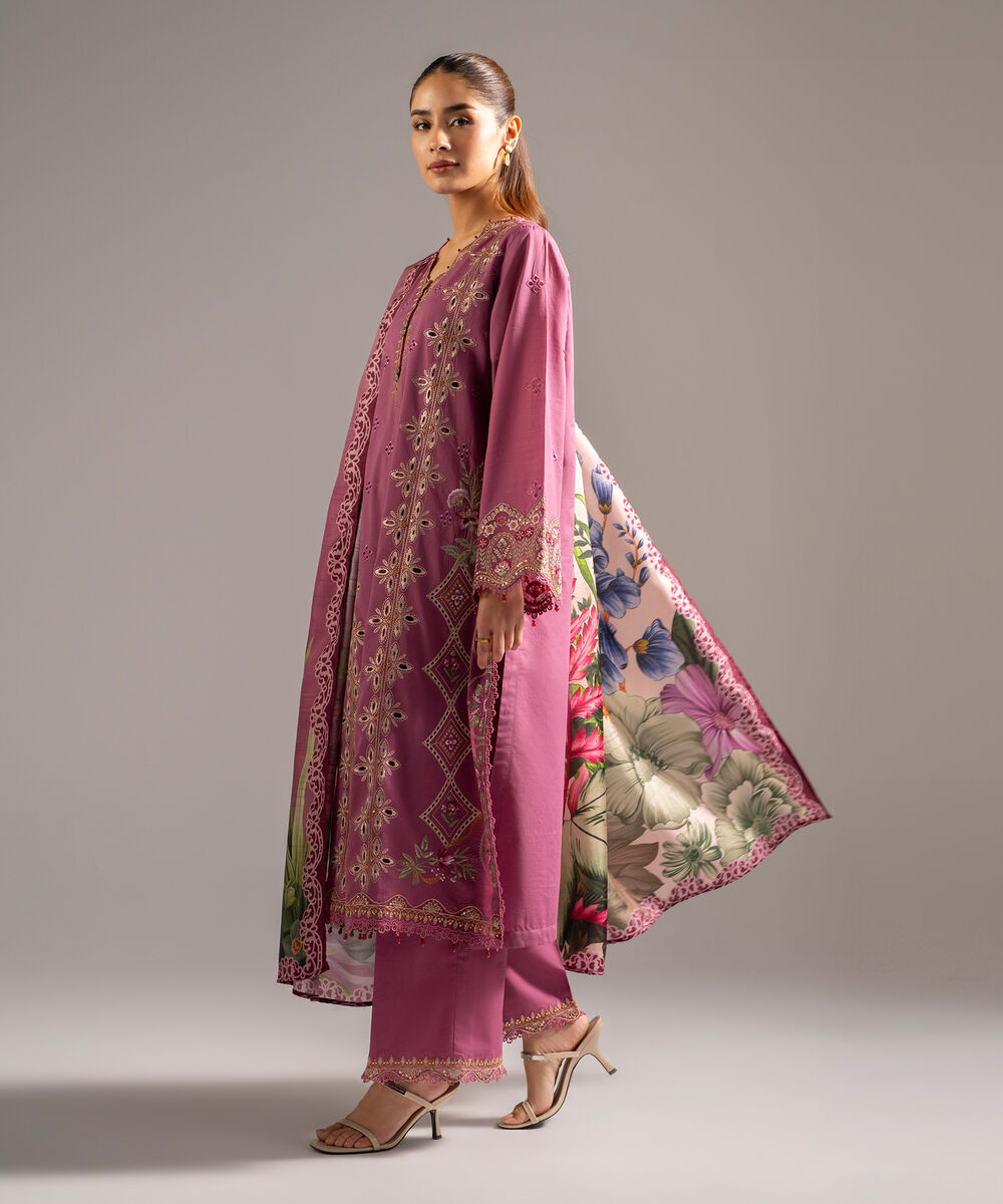 Women's RTW Slub Lawn Embroidered Mauve Pink 3 Piece Suit
