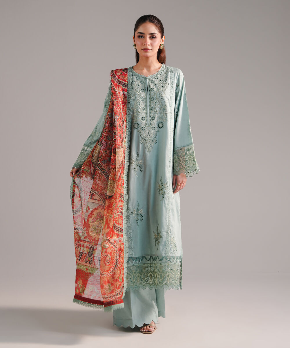 Women's RTW Self Jacquard Embroidered Seafoam Green 3 Piece Suit