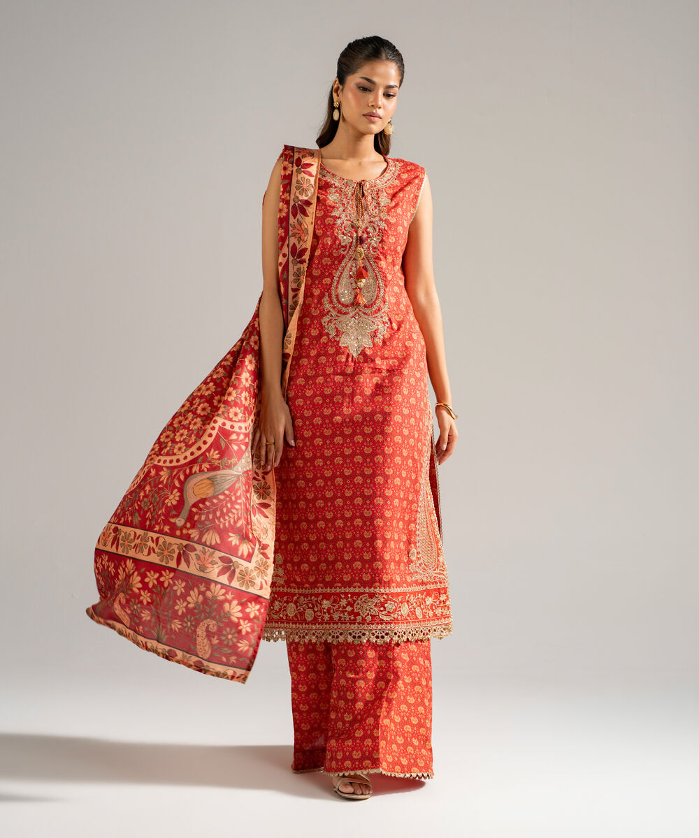 Women's RTW Dobby Embroidered Rust 3 Piece Suit