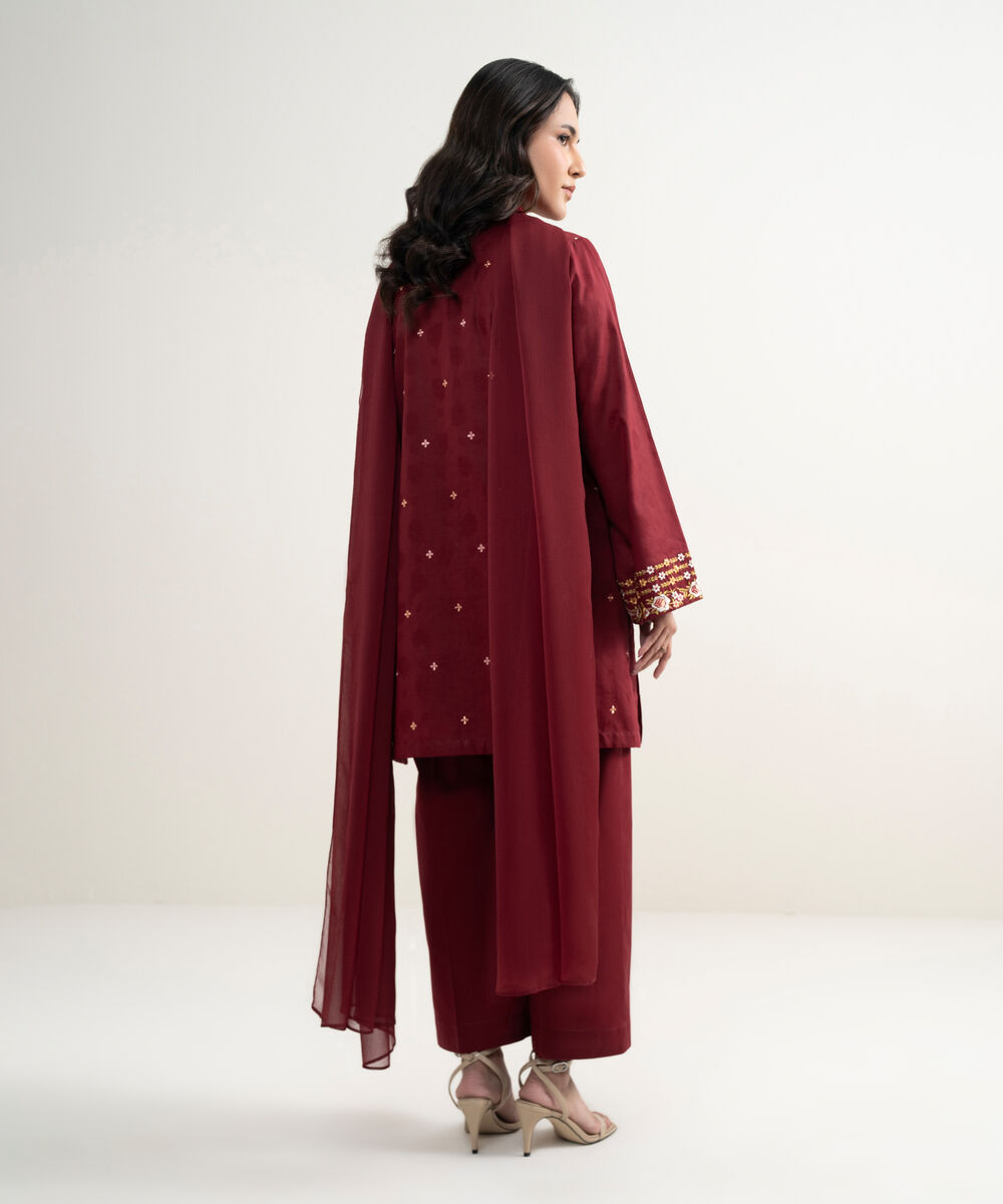 Women's RTW Self Jacquard Embroidered Maroon 3 Piece Suit