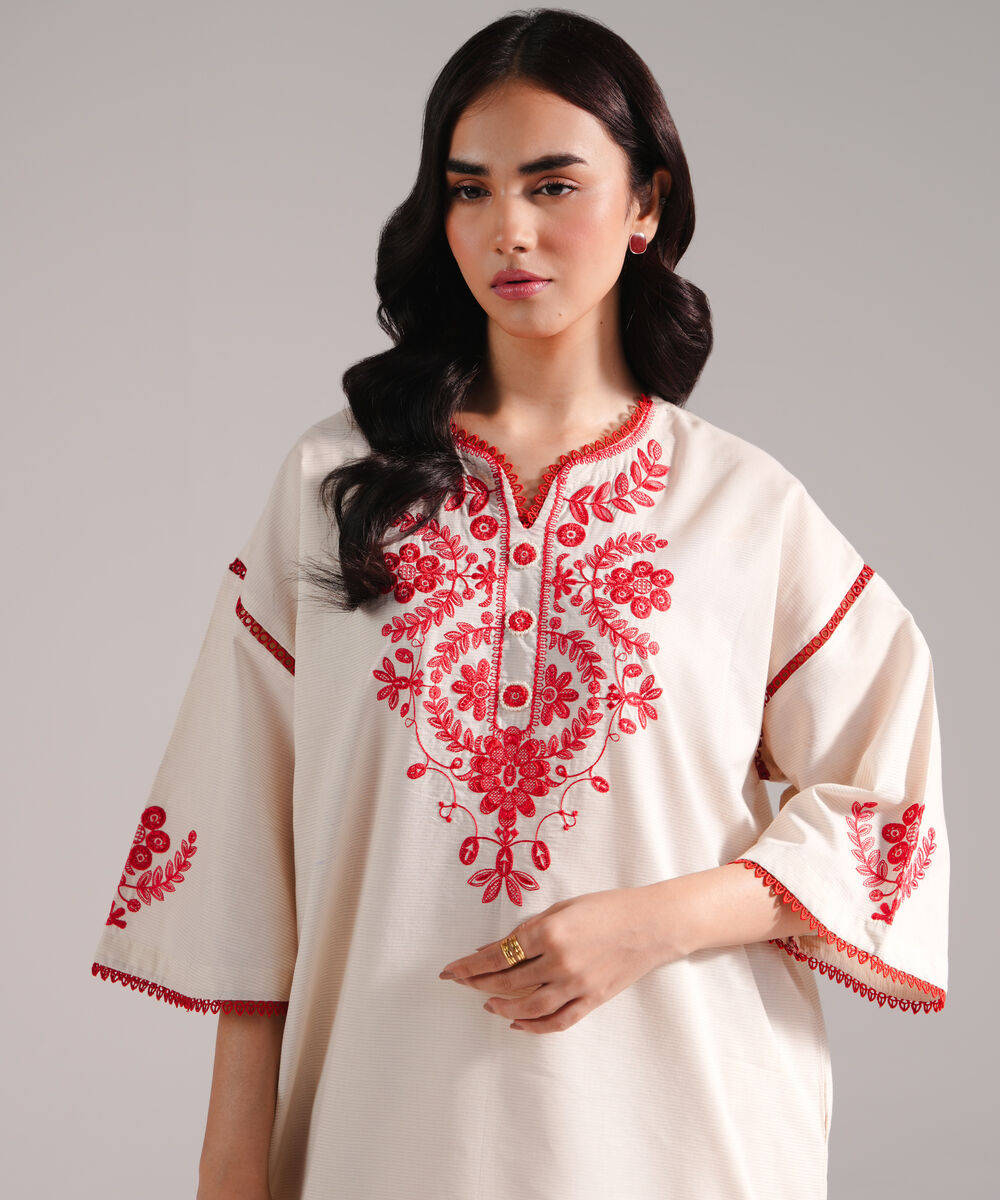 Women's RTW Zari Lawn Embroidered Beige Drop Shoulder Shirt