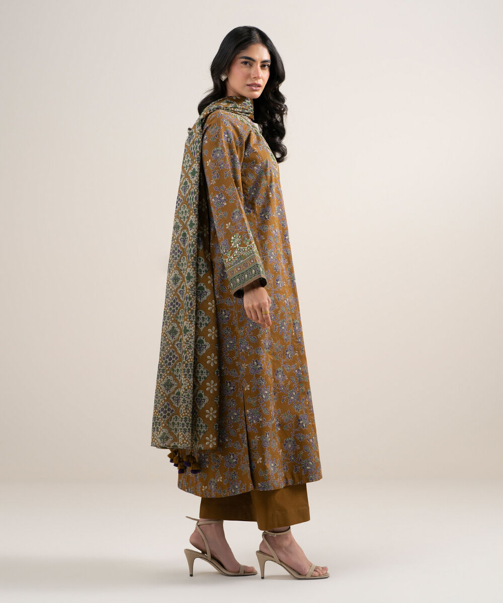 Women's Unstitched Lawn Embroidered Mustard Brown 3 Piece Suit