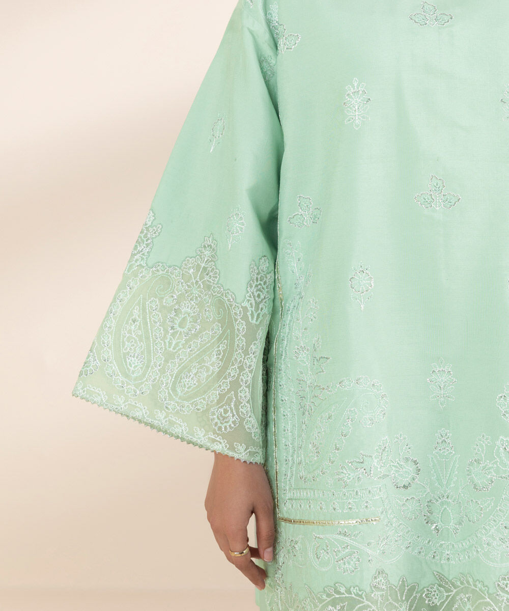 Unstitched Women's Green Chambray Embroidered 3 Piece Suit