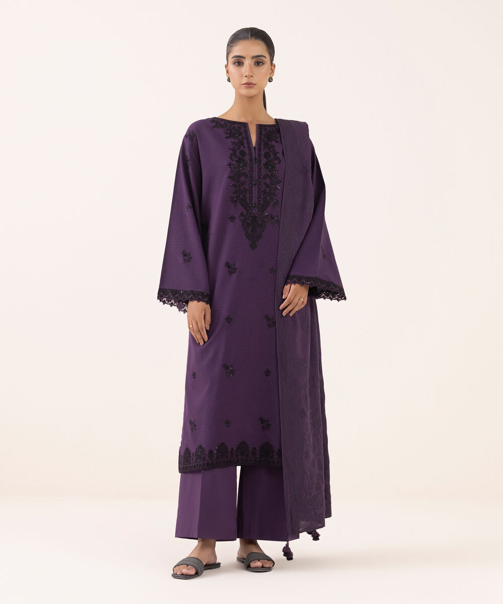Women's Unstitched Dobby Embroidered Purple Three Piece Suit