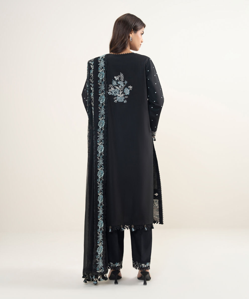Women's Unstitched Cotton Net Embroidered Black 3 Piece Suit