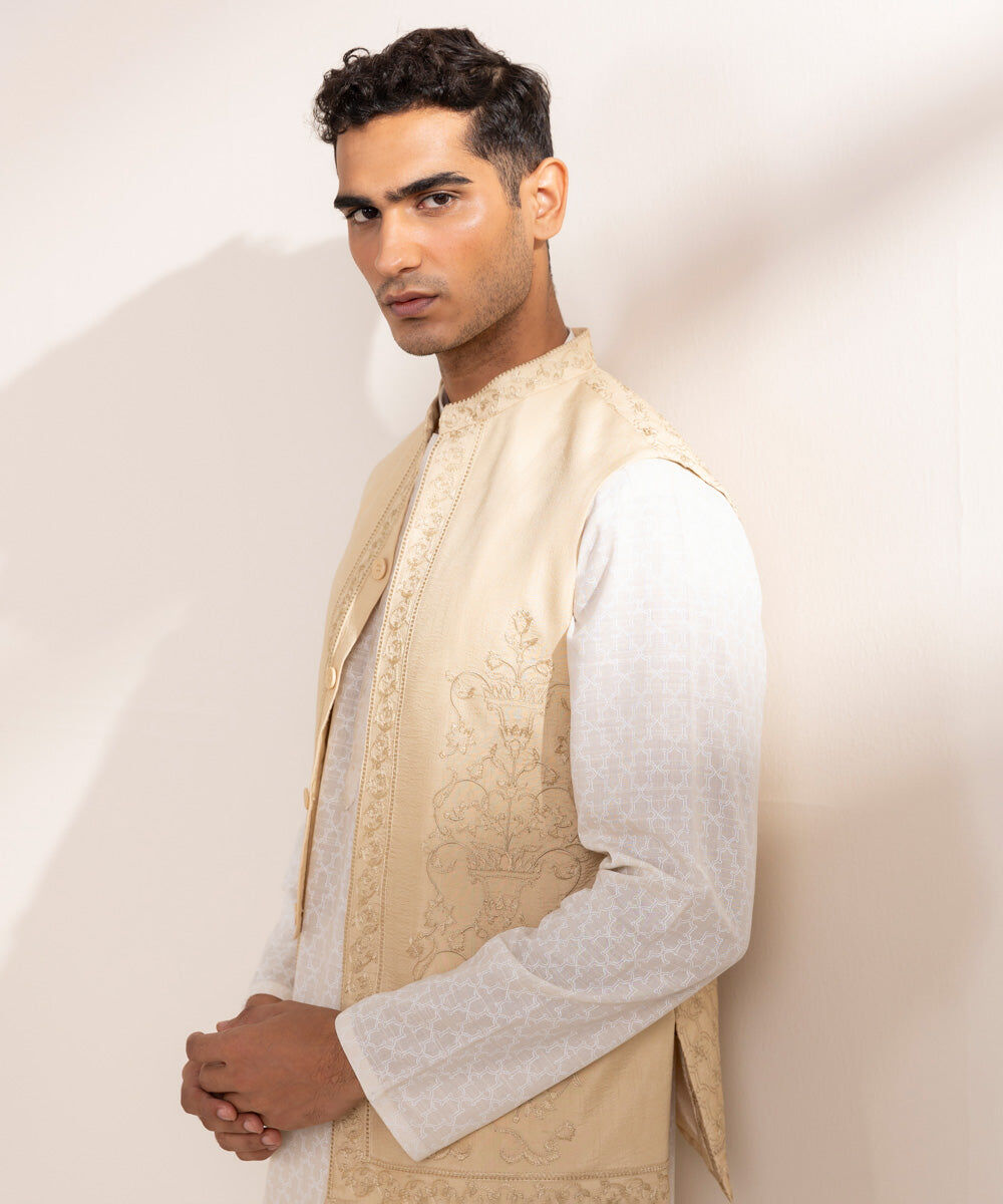 Man - Beige Embroidered Raw Silk Waistcoat