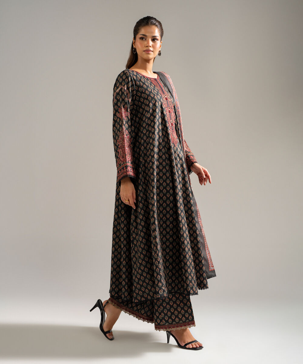 Women's RTW Dobby Embroidered Black 3 Piece Suit
