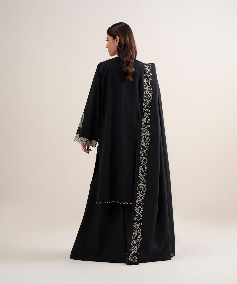 Women's Unstitched Dobby Embroidered Black 3 Piece Suit