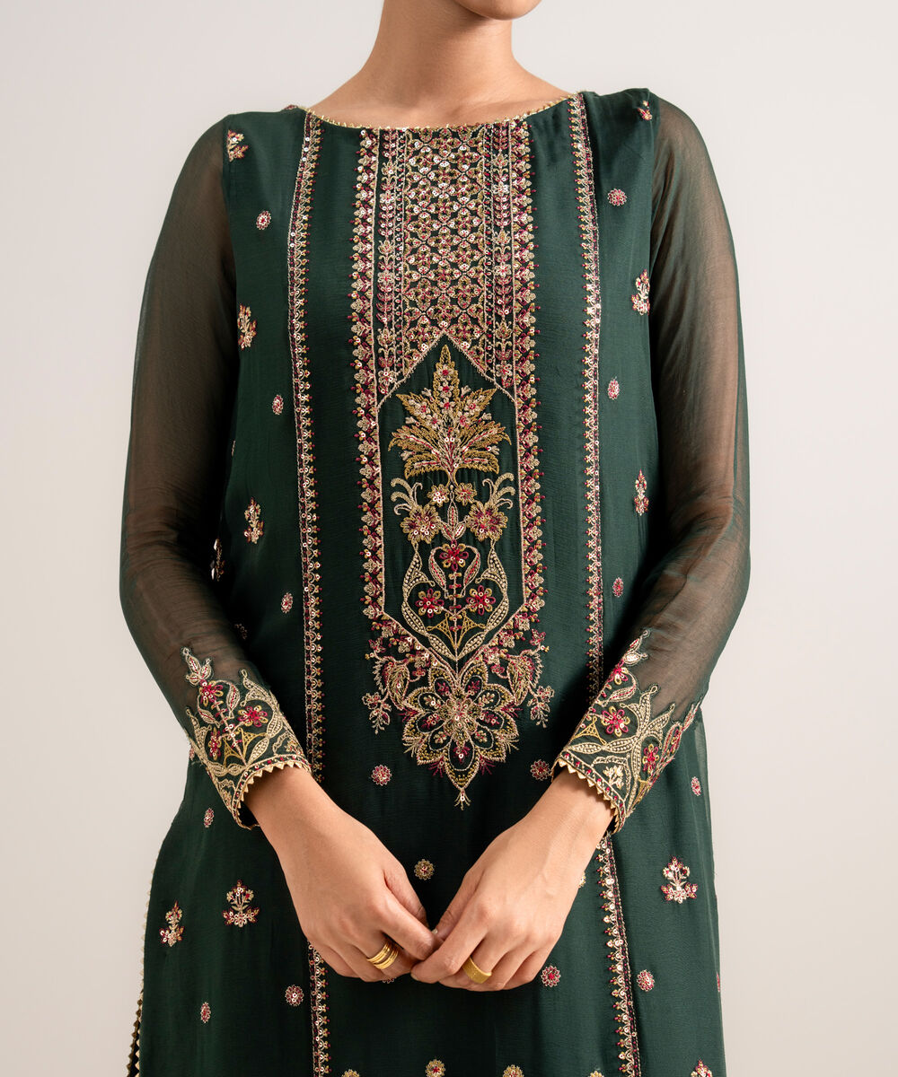 Women's Unstitched Embroidered Blended Chiffon Green 3 Piece Suit