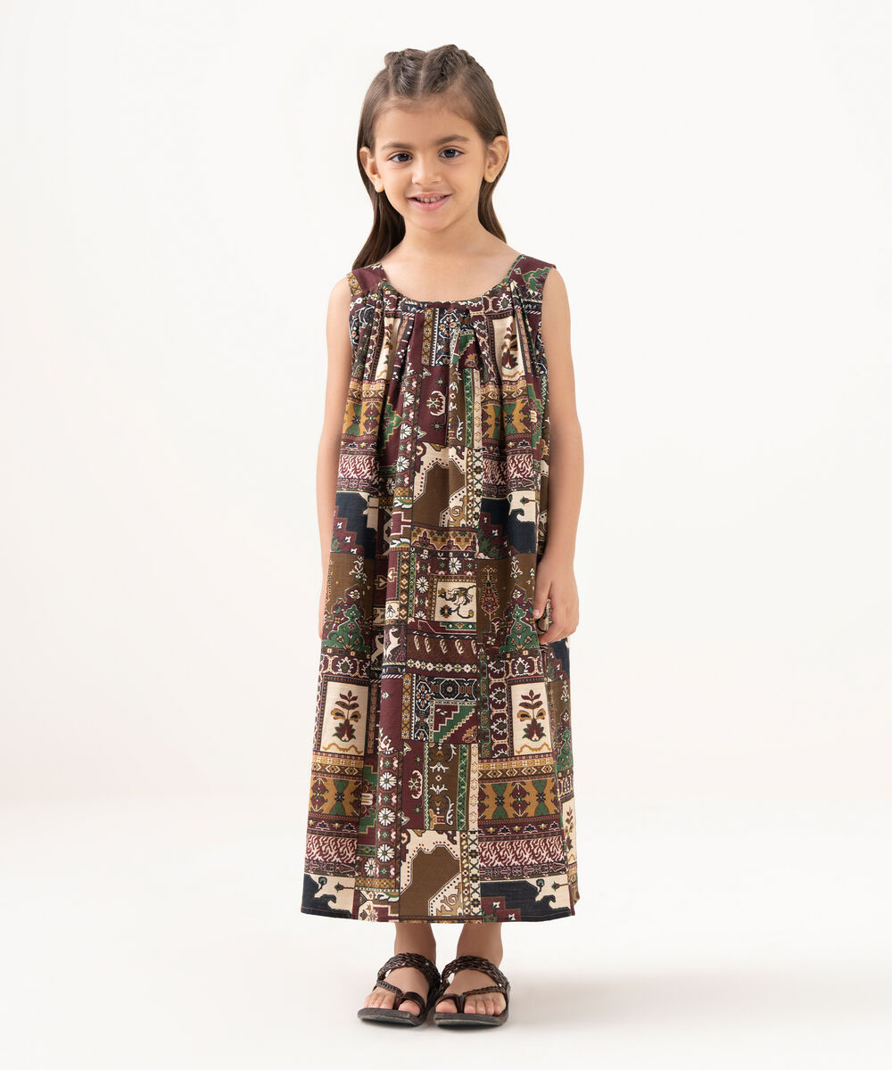 Girl's Light Khaddar Printed Brown A-Line Shirt