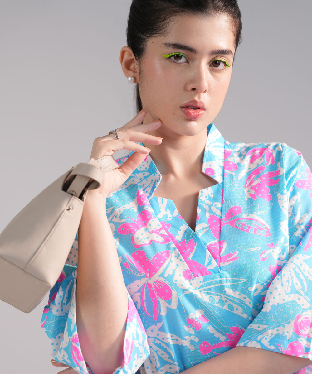 Women's RTW Dobby Printed Neon Blue 2 Piece Suit