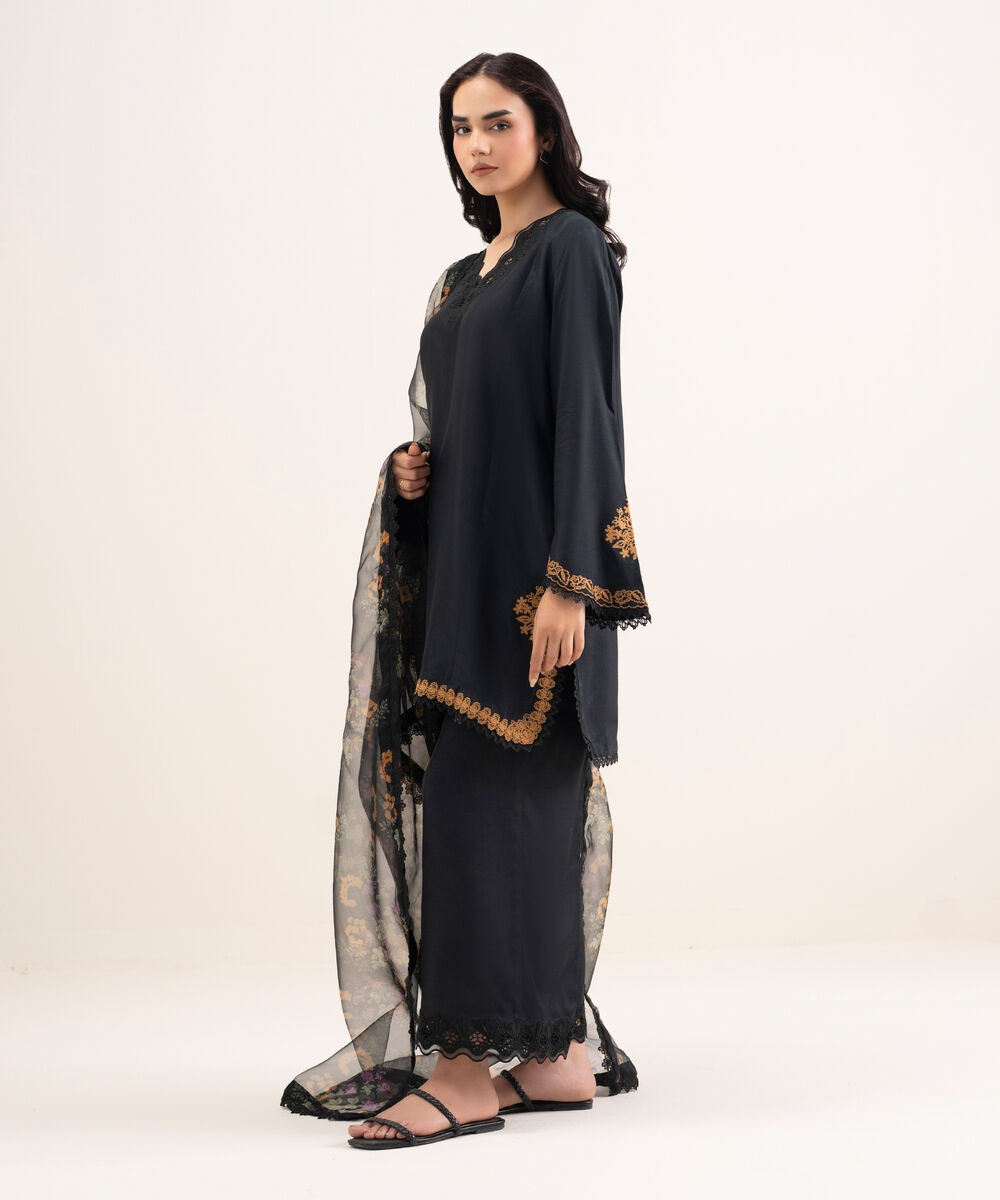 Women's RTW Viscose Raw Silk Embroidered Black 3 Piece Suit