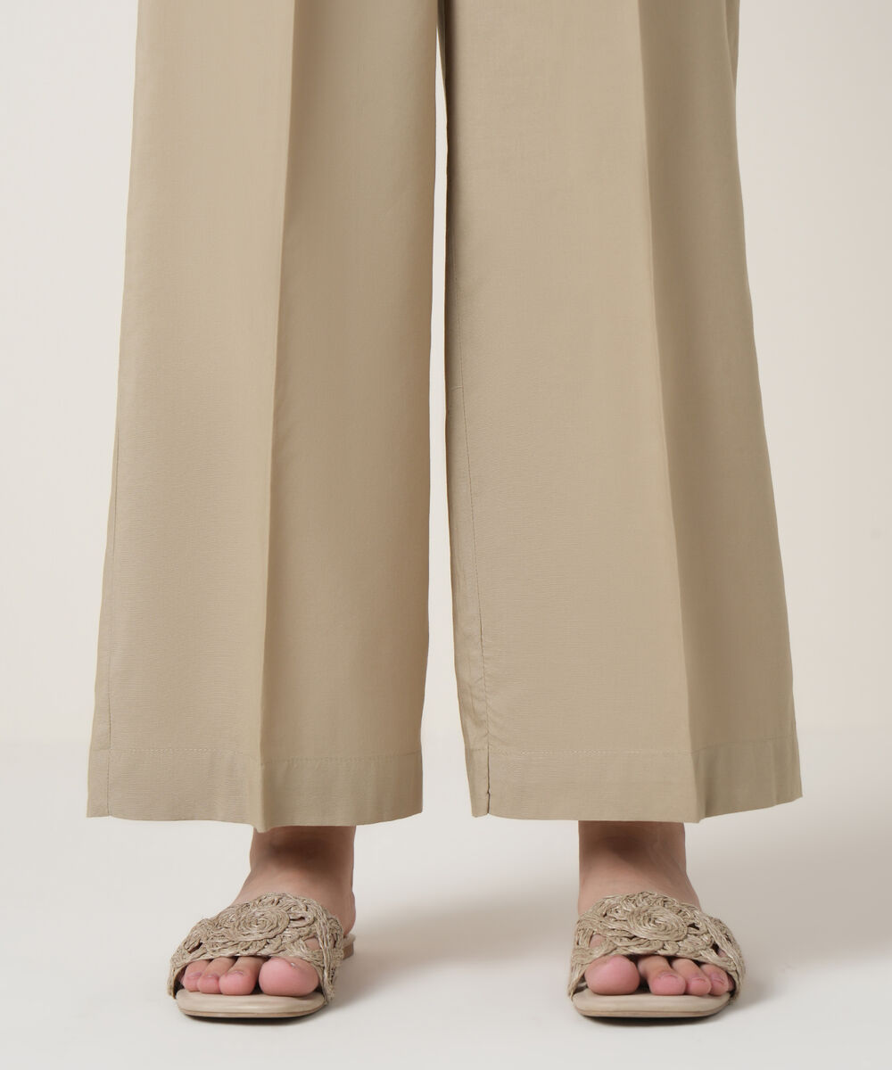 Women's RTW Viscose Lawn Beige Solid Trousers
