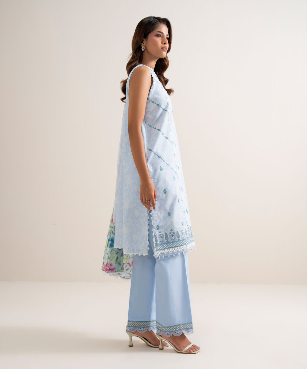 Women's Unstitched Zari Cotton Embroidered Blue 3 Piece Suit