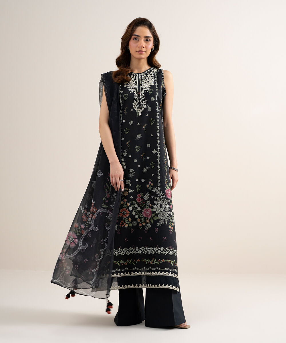 Women's Unstitched Lawn Embroidered Black  3 Piece Suit