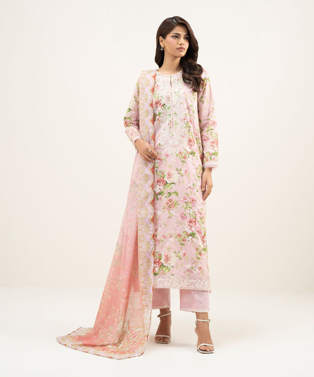 Women's RTW Lawn Embroidered Pink 3 Piece Suit