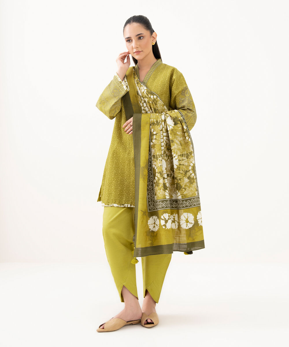 Women's Unstitched Light Khaddar Printed Yellow 3 Piece Suit