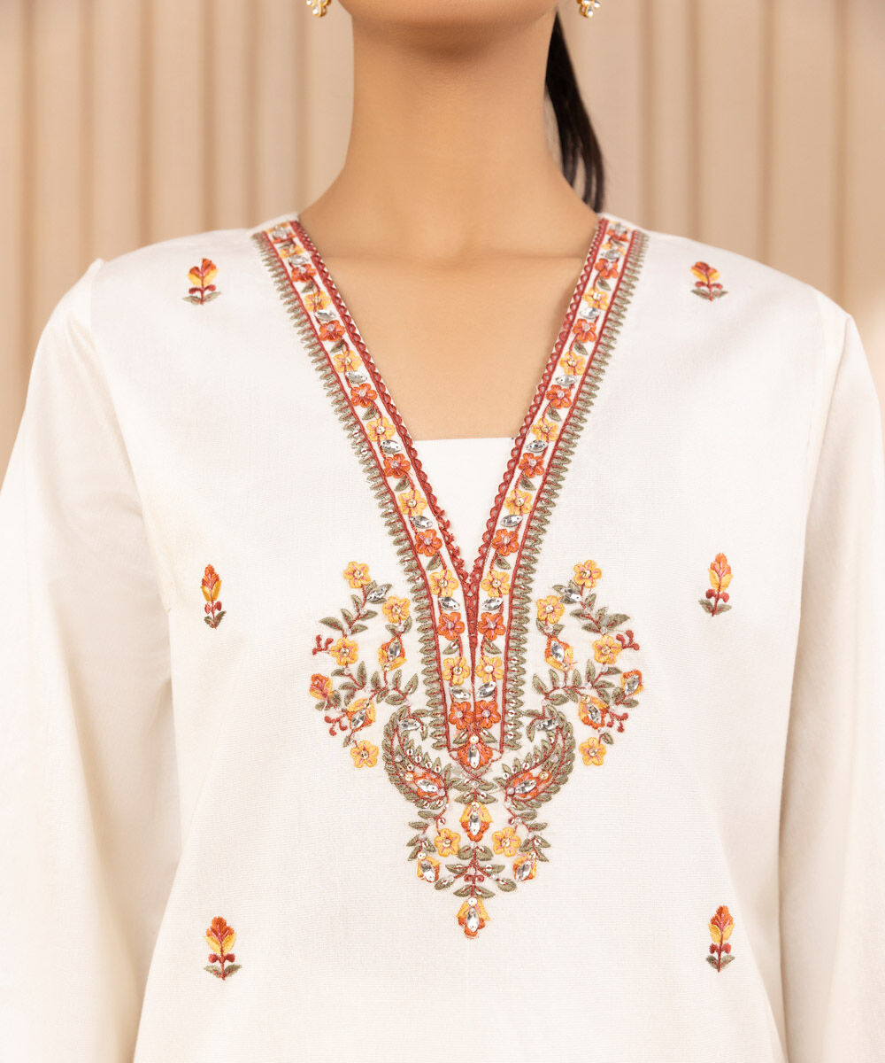 Women's Unstitched Embroidered Cotton Net White 3 Piece Suit