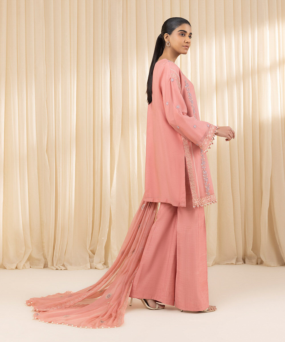 Unstitched Women's Embroidered Blended Chiffon Pink Three Piece Suit