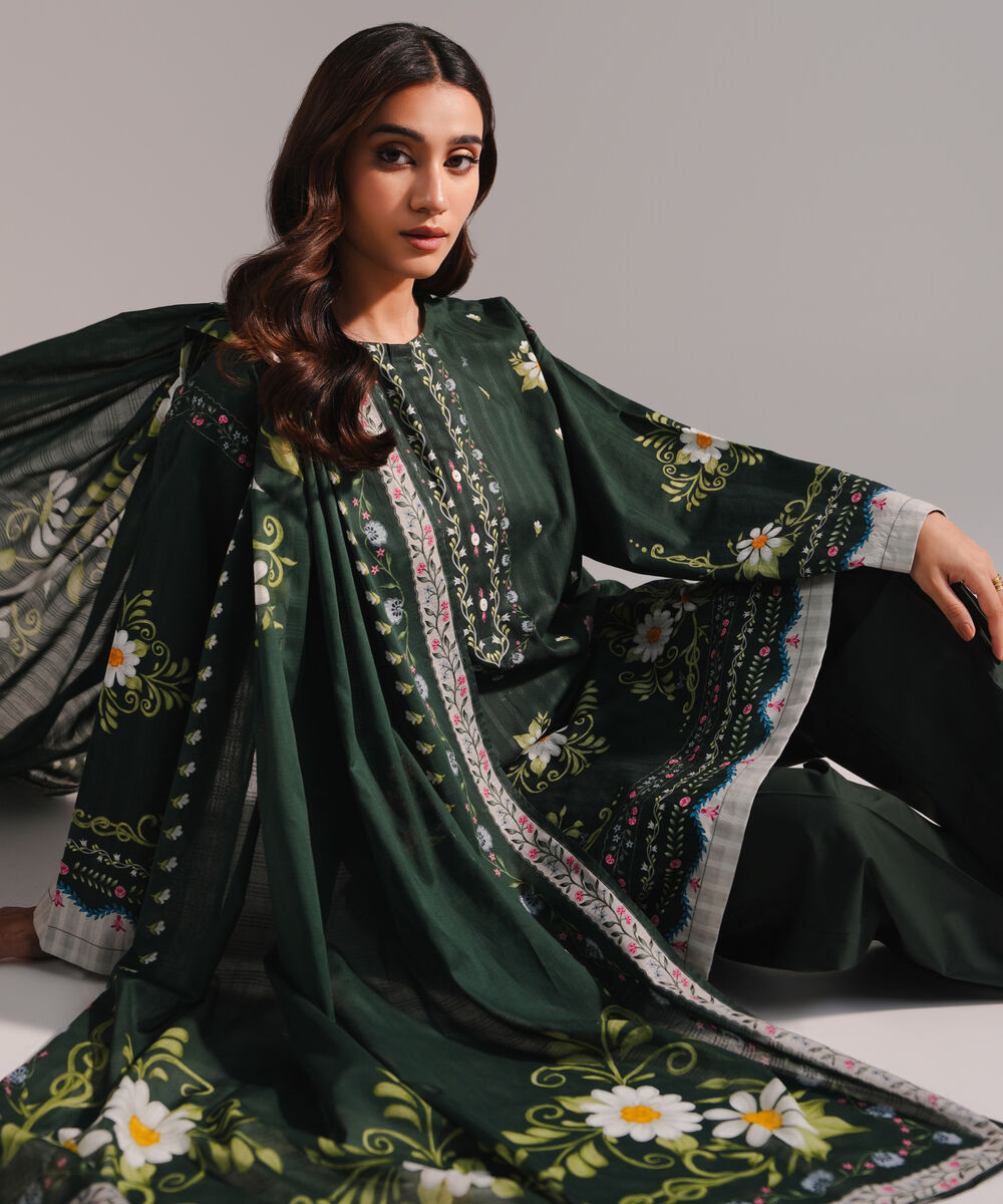 Women's RTW Dobby Printed Dark Green 3 Piece Suit