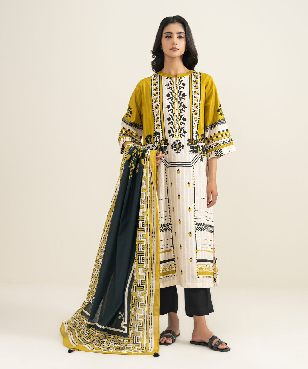 Women's RTW Textured Cotton Printed Mustard Yellow A-Line Shirt