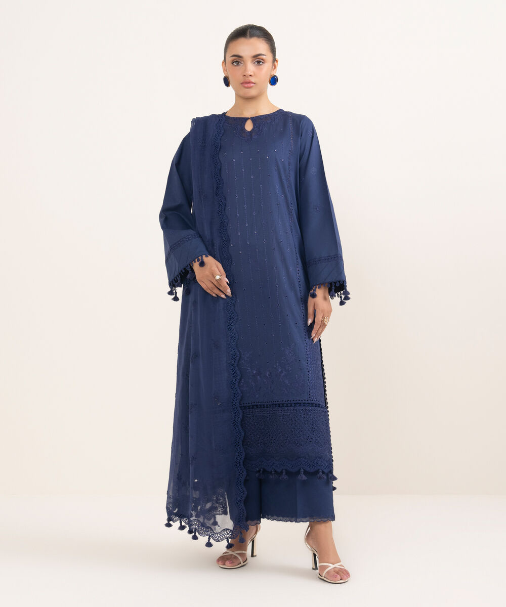 Women's Unstitched Lawn Embroidered Blue 3 Piece Suit