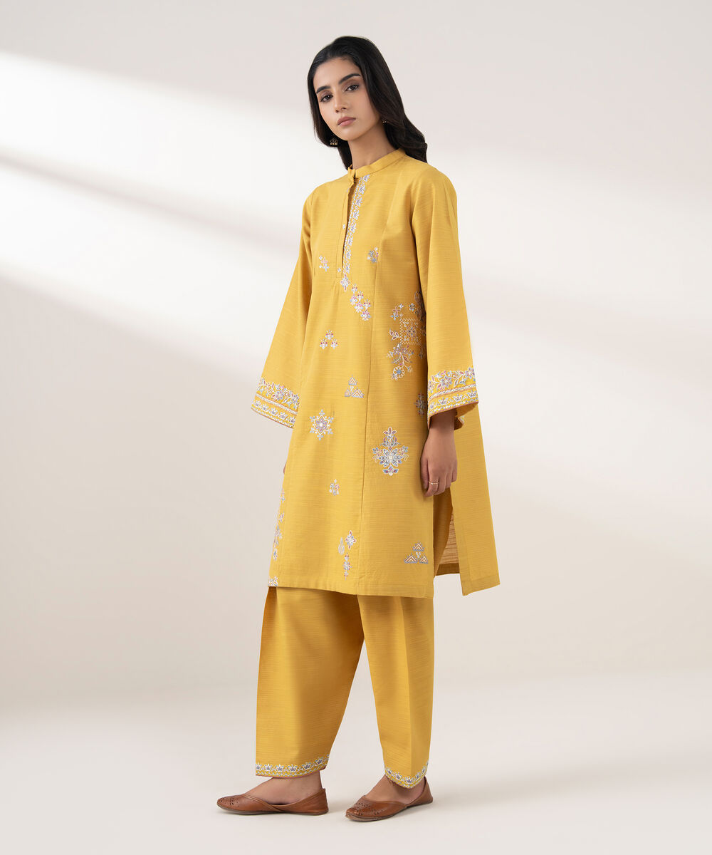 Women's RTW Zari Khaddar Embroidered Yellow 2 Piece Suit