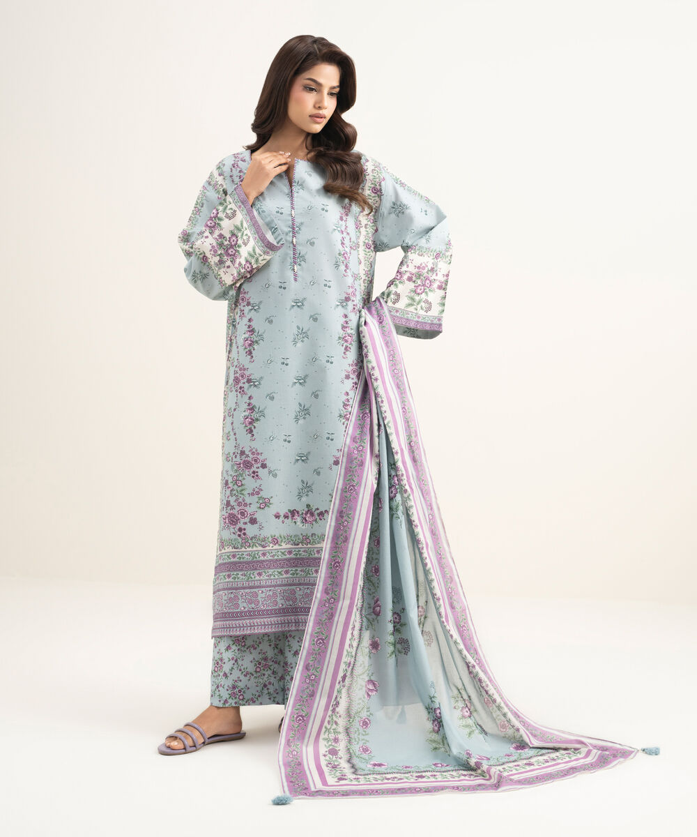 Women's Unstitched Zari Lawn Printed Blue 3 Piece Suit