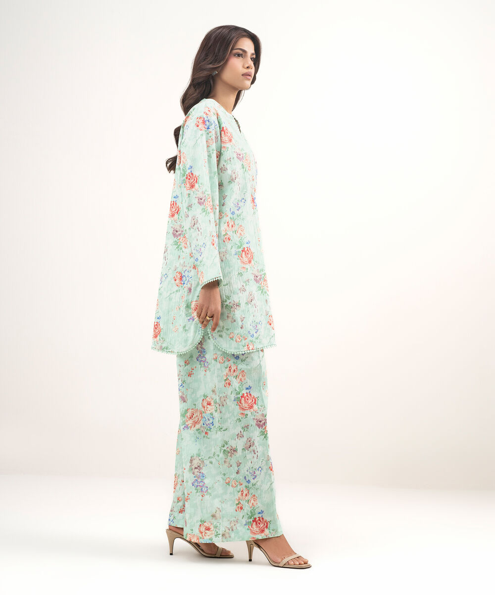 Women's RTW Seersucker Printed Turquoise Straight Shirt