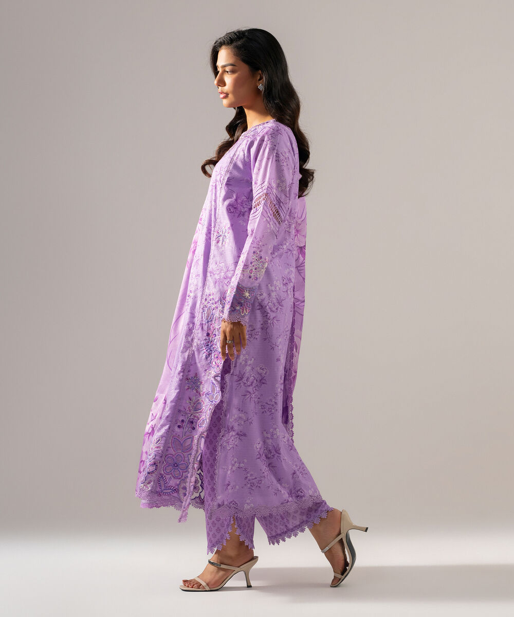 Women's RTW Dobby Printed Embroidered Lilac 3 Piece Suit