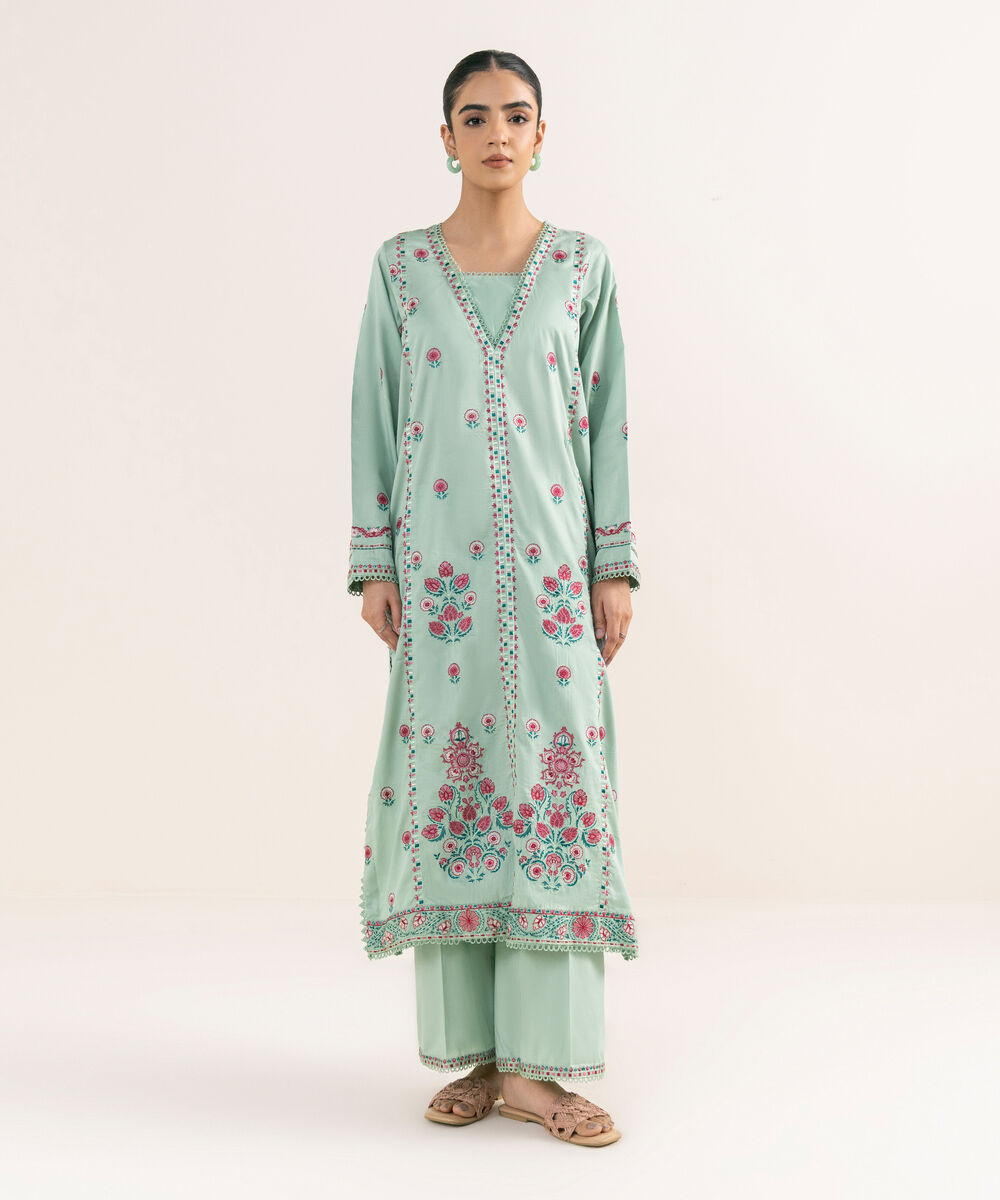 Women's RTW Cotton Satin Green Embroidered A-Line Shirt
