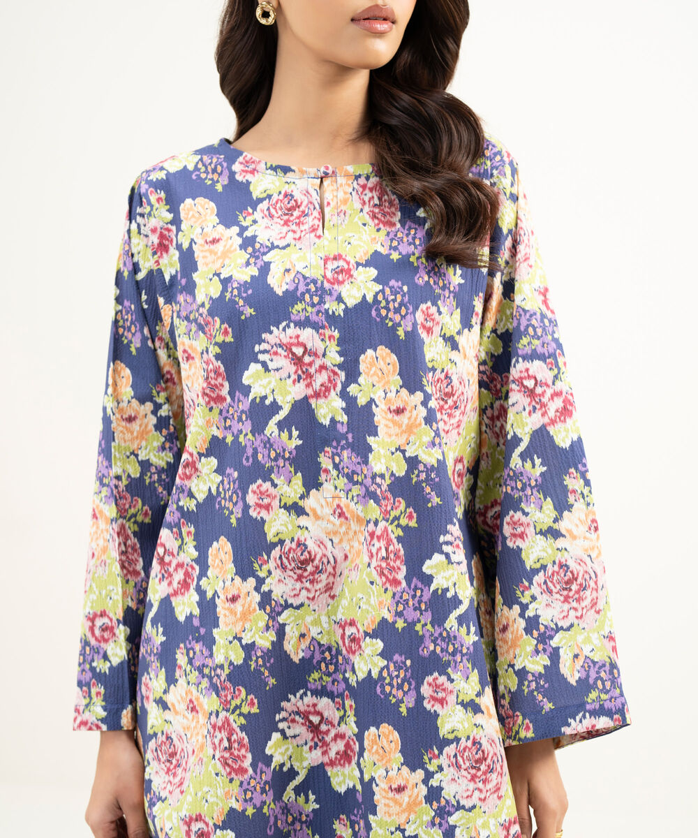 Women's RTW Seersucker Printed Purple Straight Shirt