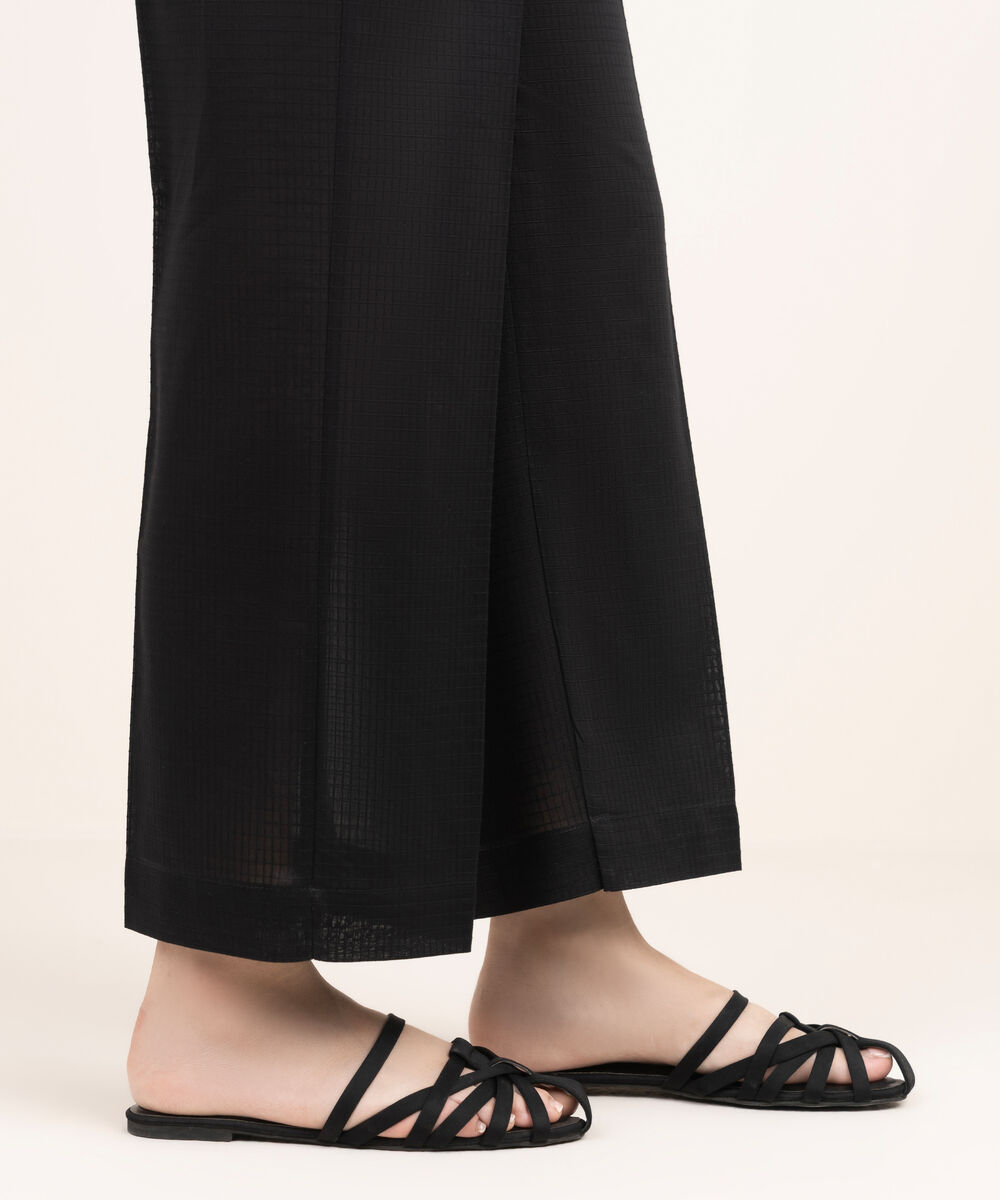 Women's RTW Textured Cotton Solid Black Straight Pants