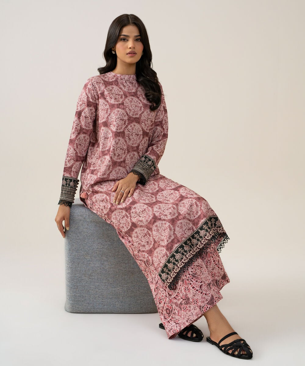 Women's Unstitched Linen Printed Tea Pink 2 Piece Suit