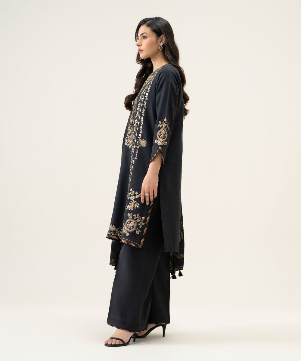 Women's Unstitched Basic Khaddar Embroidered Black 3 Piece Suit