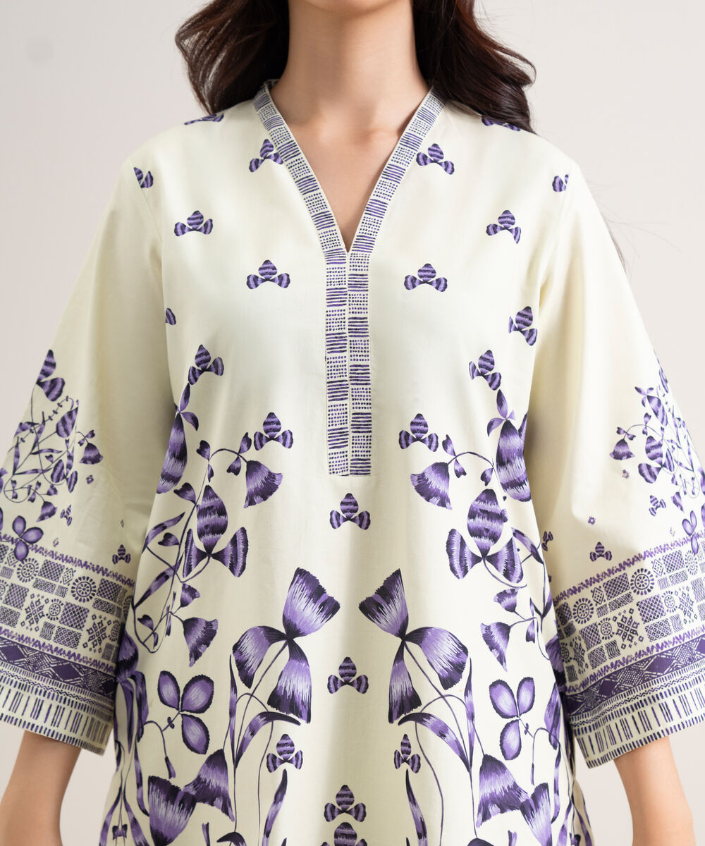 Women's Unstitched Cotton Printed Off White  3 Piece Suit