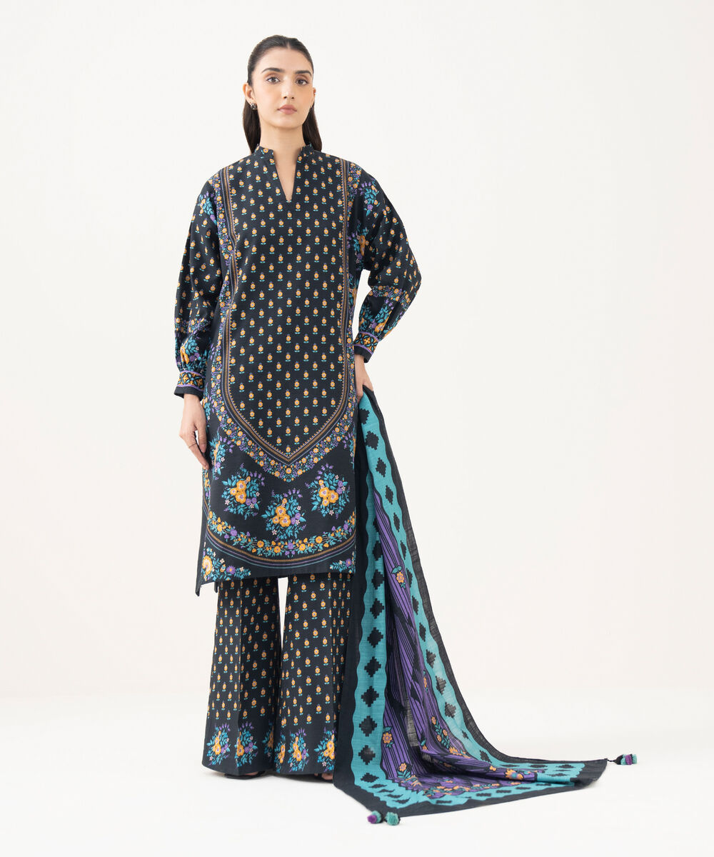 Women's Unstitched Khaddar Printed Black 3 Piece Suit