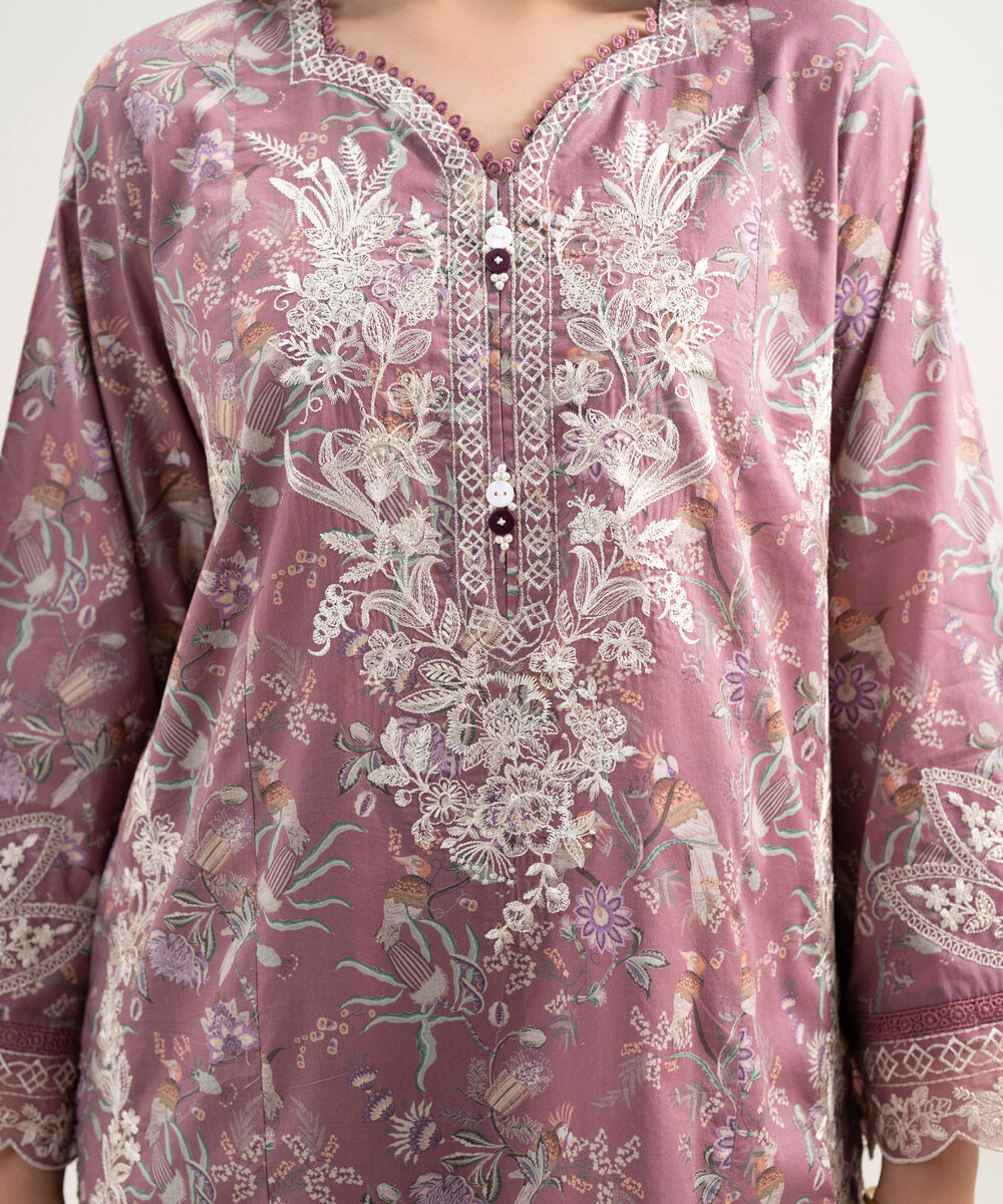 Women's RTW Lawn Embroidered Mauve Straight Shirt