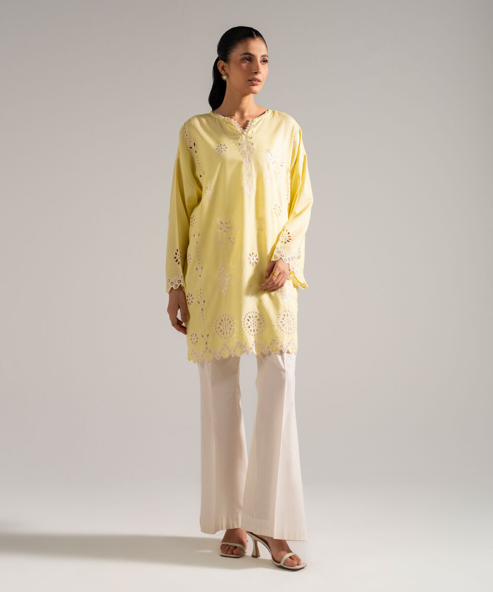 Women's RTW Dobby Embroidered Yellow Drop Shoulder Shirt