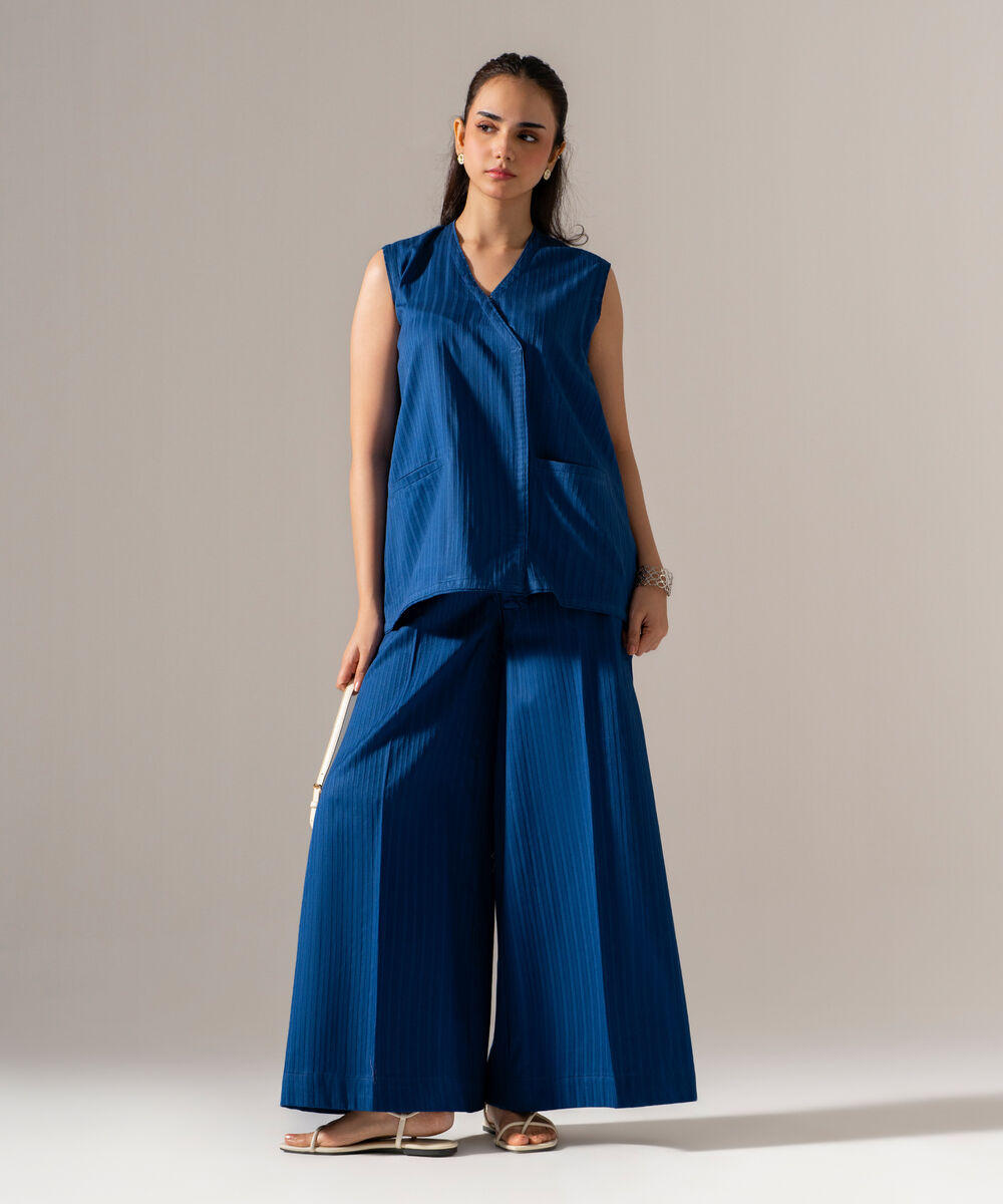 Women's RTW Dobby Strip Solid Blue 2 Piece Suit