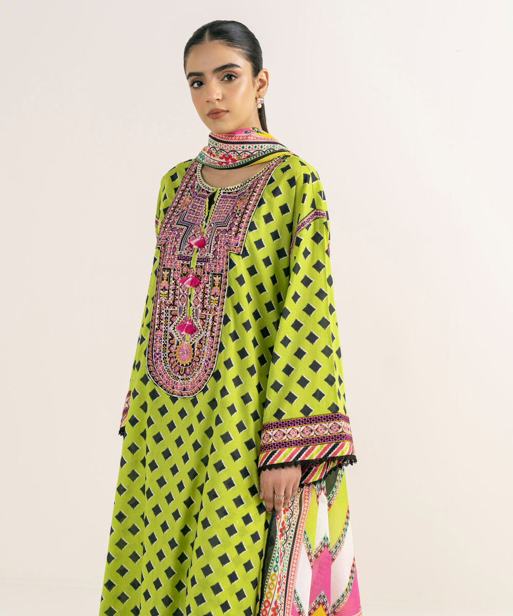 Women's RTW Lawn Green Embroidered 3 Piece Suit